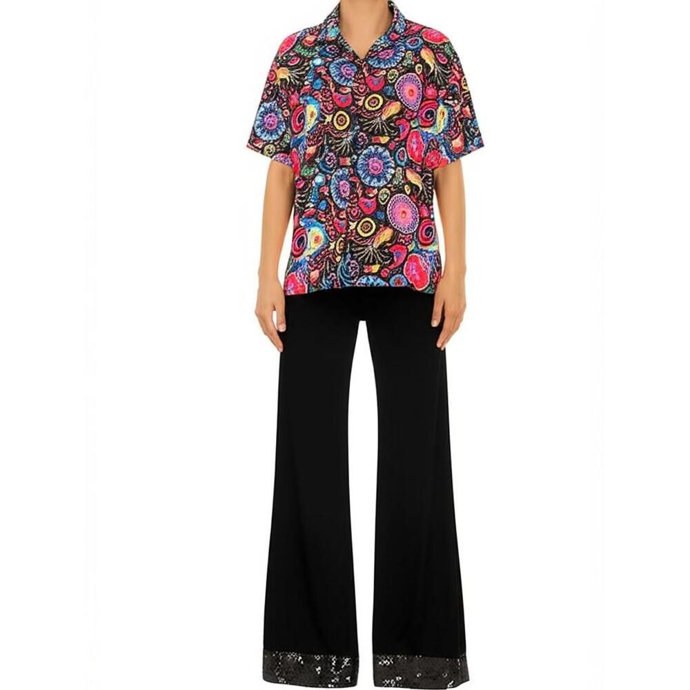 NWT Psychedelic Outfit Set Black MultiColor 70s Disco Sequined Cuffs Retro Party